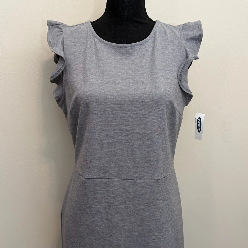 NWT Old Navy Gray Midi Dress Womens M Ruffle Sleeves Sheath Minimalist Stretch - Picture 2 of 11